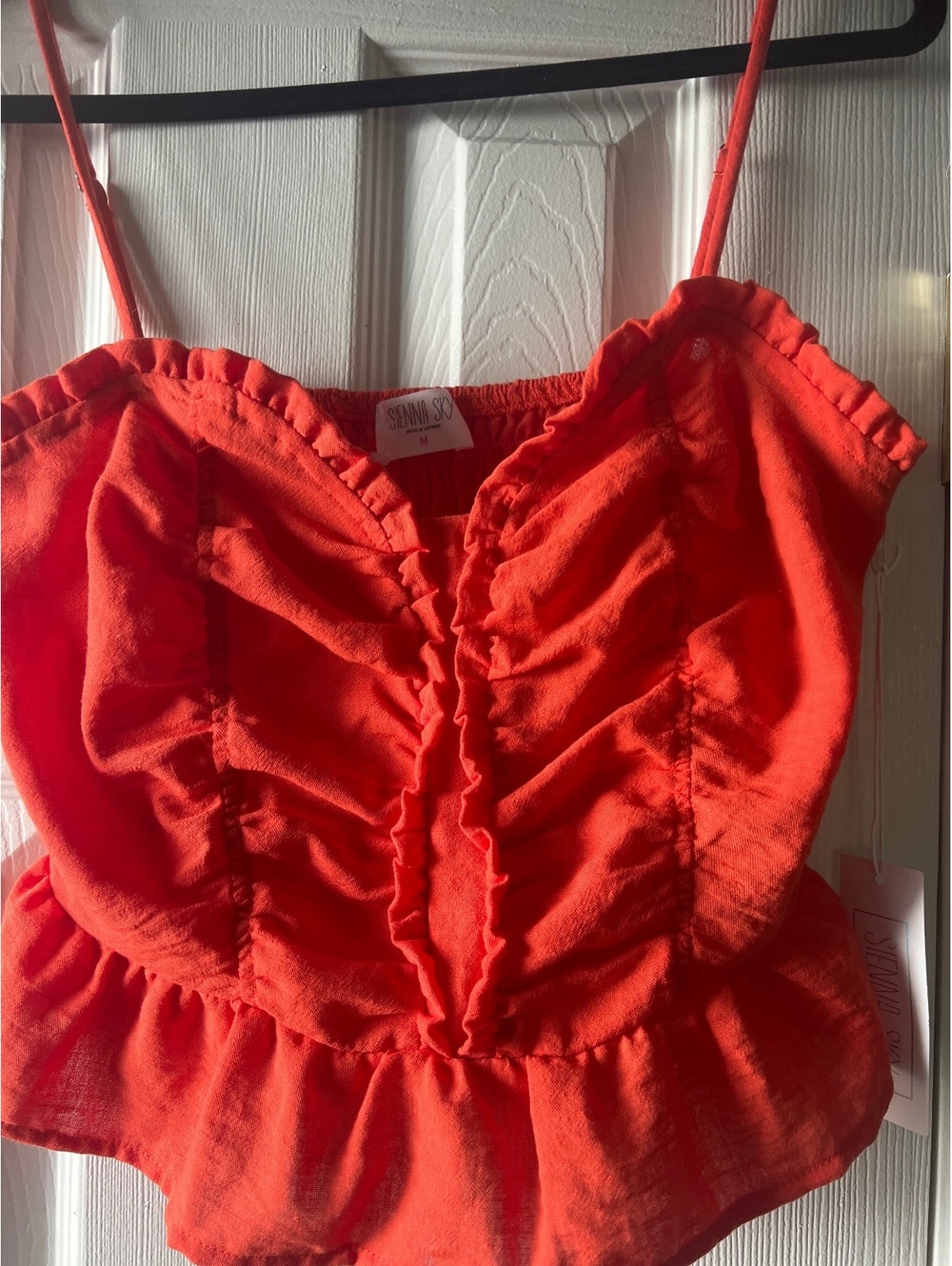 Sienna Sky Women's Medium Red-Orange Ruched Crop Top with Ruffle Trim and Smoked